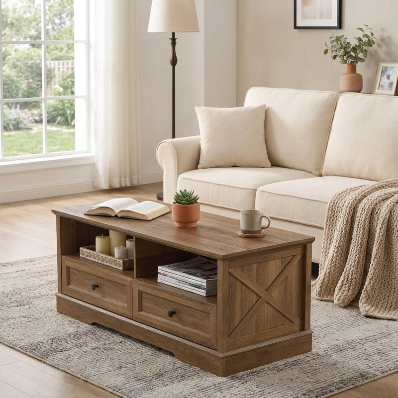 Farmhouse Coffee Table with Storage, 47.2" Wood Coffee Table with Drawers & Open Shelf, Rectangle Living Room Center Table