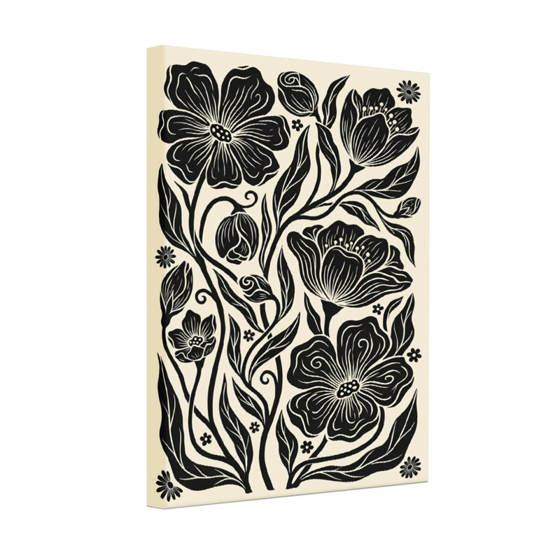Plantes et fleurs à motif floral noir sur fond crème, H 18 po x l 12 po