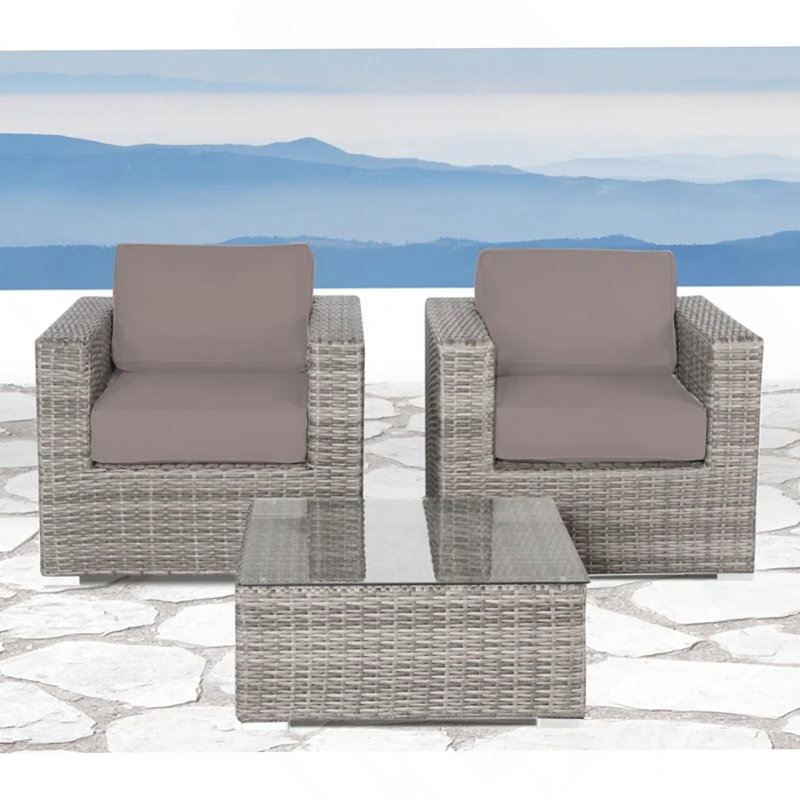 Ensemble de conversation pour 2 personnes en rotin et osier avec coussins, Gris, Gris