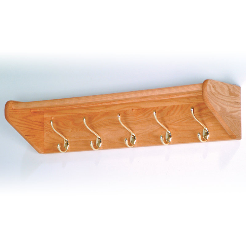 Georges Solid Wood Wall 5 - Hook Wall Mounted Coat Rack, Light Oak/Brass
