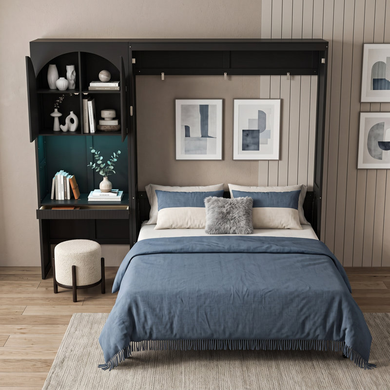 Grand lit escamotable 1 tiroir avec armoire de rangement réversible et éclairage DEL, Noir