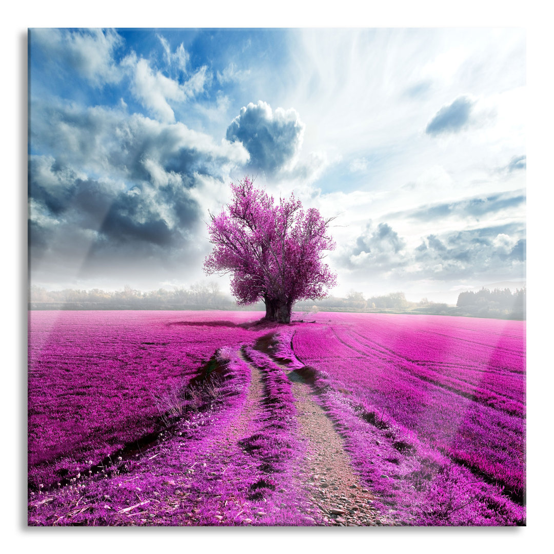 Glasbild Pinkes Feld mit pinkem Baum