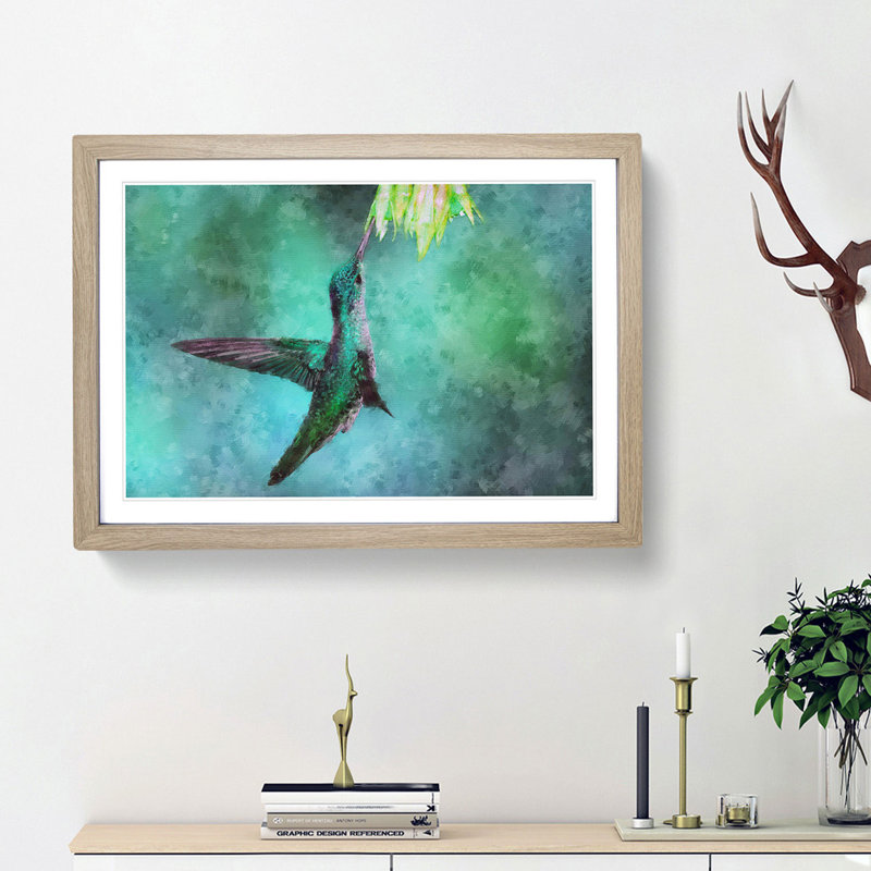 Green Hummingbird - Picture Frame Graphic Art Print, Oak Framed, 45cm H x 63cm W x 2cm D