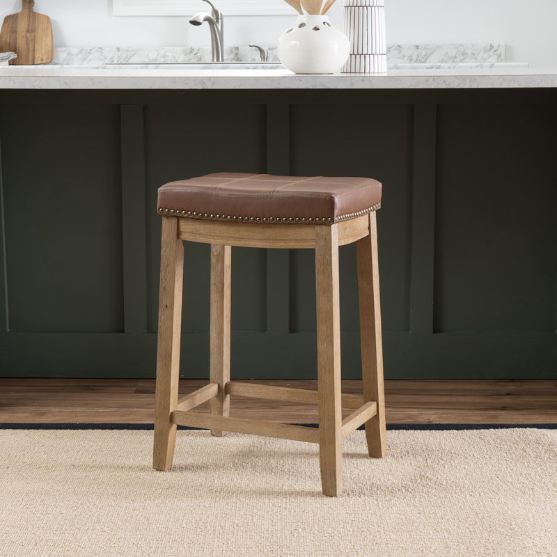 Bartonville Counter & Bar Solid Wood Backless Stool with Upholstered Seat, Counter Stool (26.5" Seat Height)
