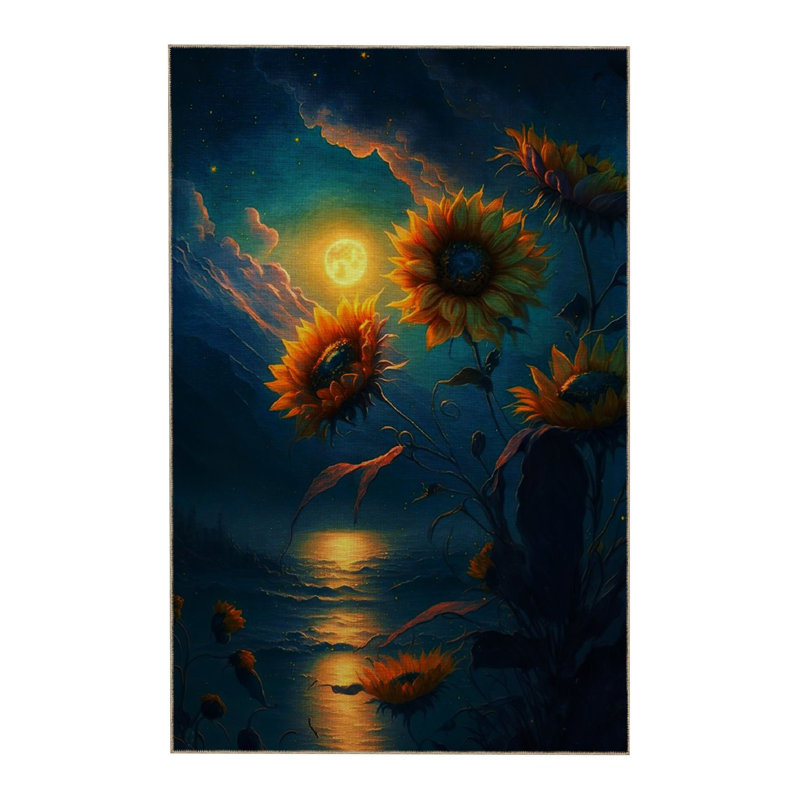 Tapis décoratif moderne et surréel à motif de tournesols, de mer et de lune