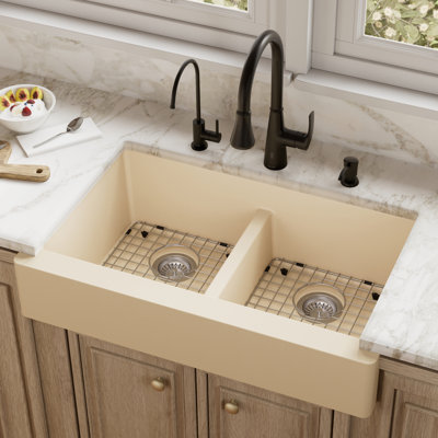 Karran Quartz 34'' X 21-1/4'' Double Bowl 50/50 Retrofit Farmhouse/Apron Front Kitchen Sink Kit