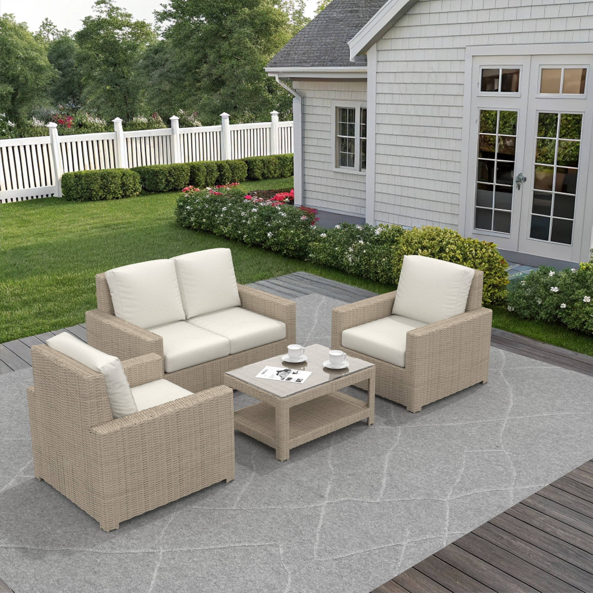 Outdoor Patio Loveseat Conversation Set With Sunbrella Cushions, Canvas White