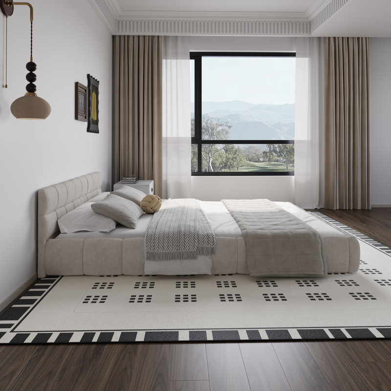 Low Profile Grounded Chenille Upholstered Platform Bed with Headboard, No Box Spring Needed, Beige, Queen