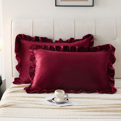 Burgundy Pillowcases King Size Velvet Pillowcases Boho Chic Farmhouse Pillow Shams 2 Pieces Ruffle Fringe Design Wine Red Pillow Cases for Women