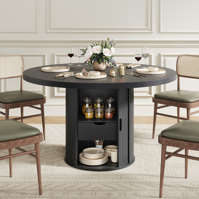 47" Round Dining Table With Stronge Drawer, Black