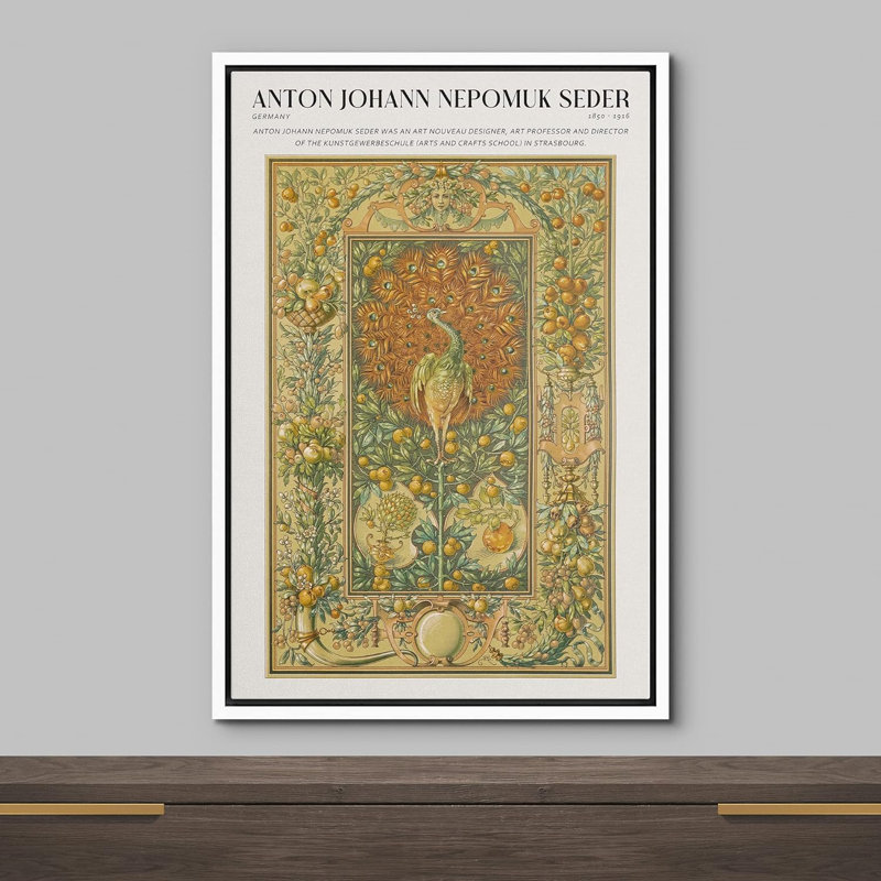 Art Nouveau, paon, tapisserie botanique par Anton Seder, reproduction d'art sur toile encadrée, Blanc