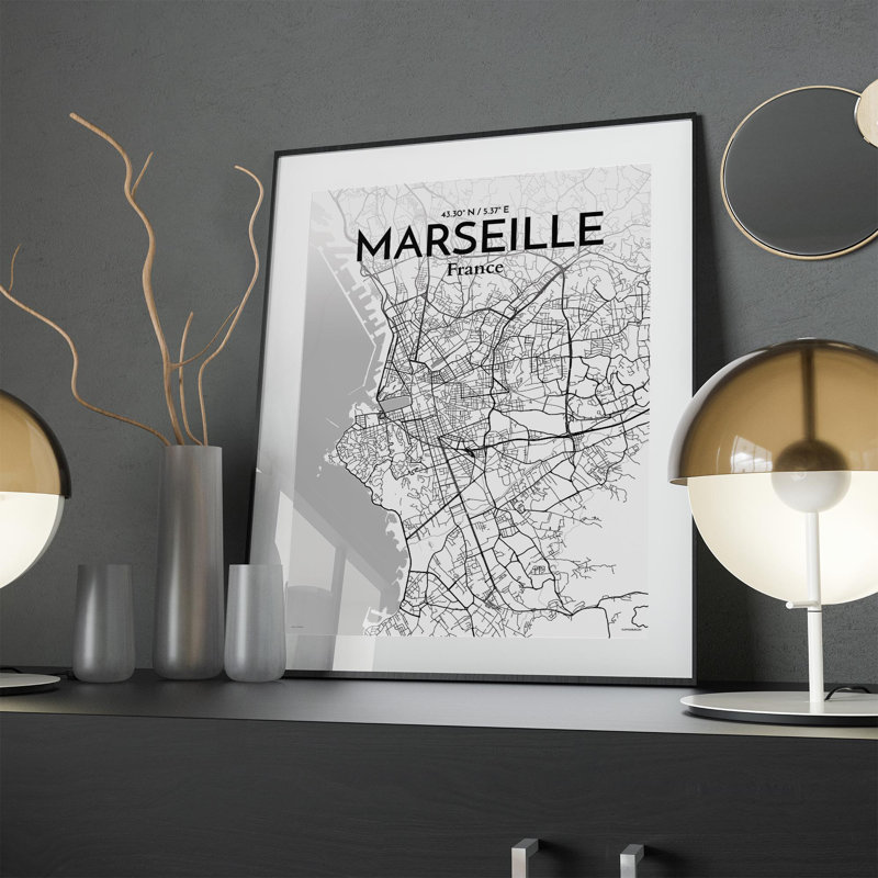 «Marseille City Map», impression, H 24 po x l 18 po, Gris / blanc