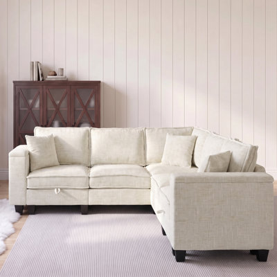 89" Beige Chenille 5‑Seater V‑Shaped & L‑Shaped Sectional Couch with Storage Armrests and 3 Pillows, Sectional Couches for Living Room, Suitable for Apartment