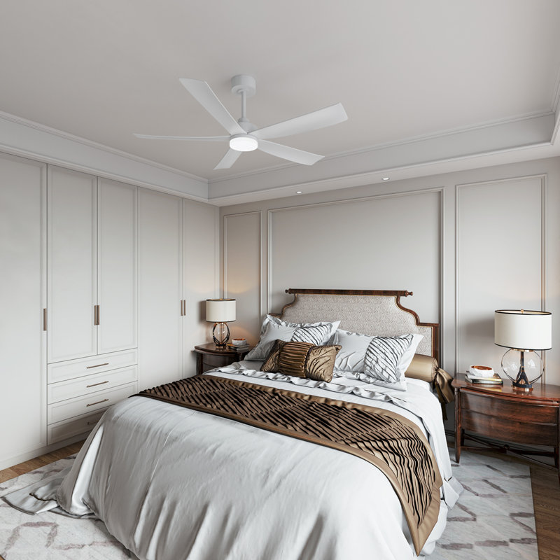 52" 5 - Blade Modern Ceiling Fan With Led Lights Remote App And Voice Control, White, White