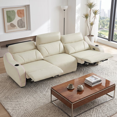 105.51-in Genuine Leather Power Reclining Sectional Sofa with Back Massage, Zero Gravity Couch with USB Charging Ports and Ambient Armrest Lighting, Beige