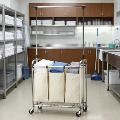 Trieur de linge à 3 sacs avec support à vêtements amovible, chariot à linge léger avec sacs lavables et cadre en acier robuste pour l'organisation à la maison