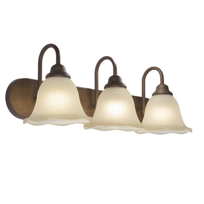 Luminaire de meuble-lavabo 3 lumières, miroir brun châtaignier avec verre festonné couleur brume d'ombre, applique murale traditionnelle pour salle d'eau, zone de maquillage, l 24 po x H 9,25 po x H 8,5 po