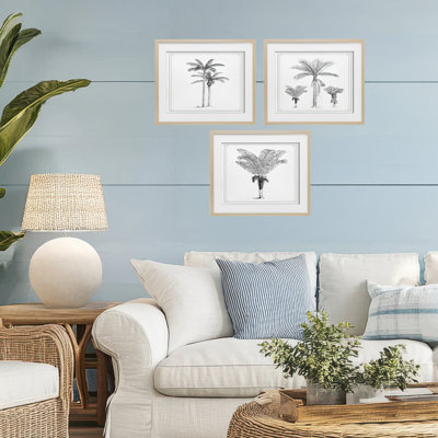 «Minimal Vintage Palm Tree Sketches», ensemble de 3 reproductions encadrées sous verre, lettré et doublé