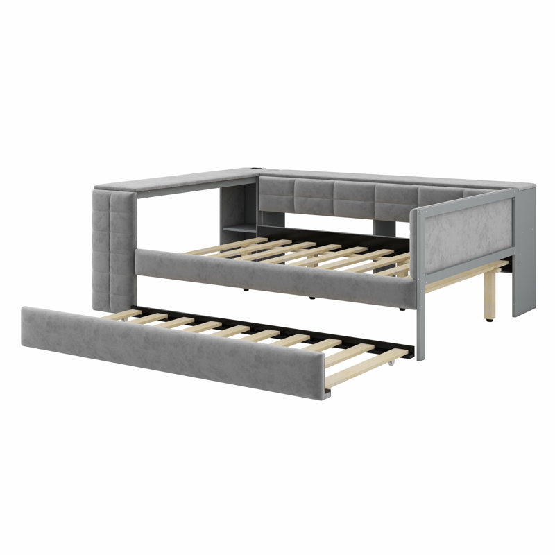 Lit plateforme tapissier avec tablettes de rangement, bureau, station de charge et lit gigogne, Gris