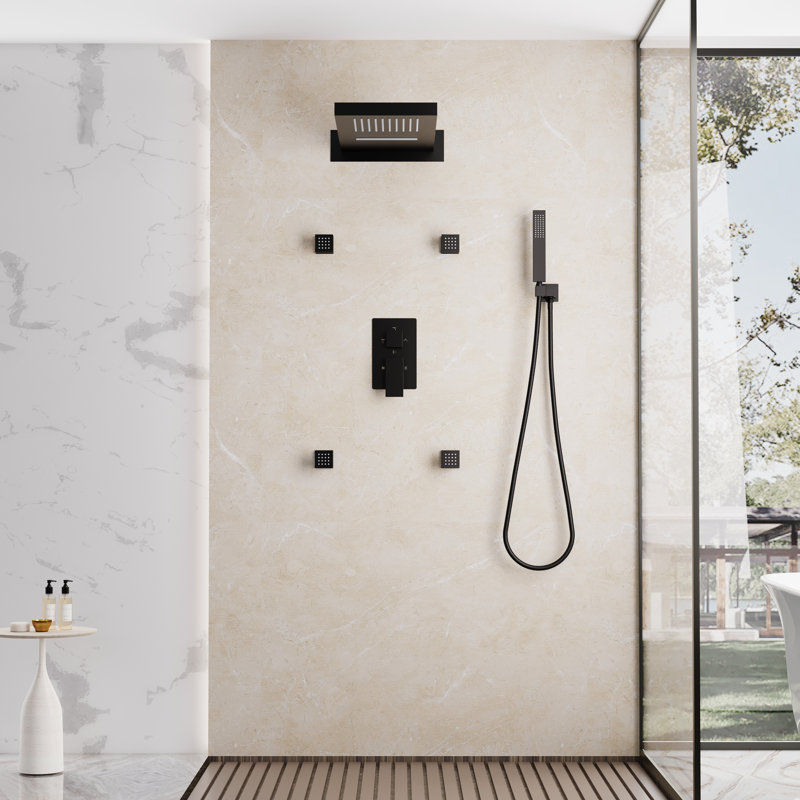 3-Function Shower System With 22" Rectangle Shower Head,Body Jets And Hand Shower (Valve Included), Matte Black