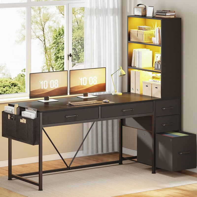 Barbarino Computer Desk With 5 Drawers And Bookshelf Led Lights For Small Spaces, Black/Black