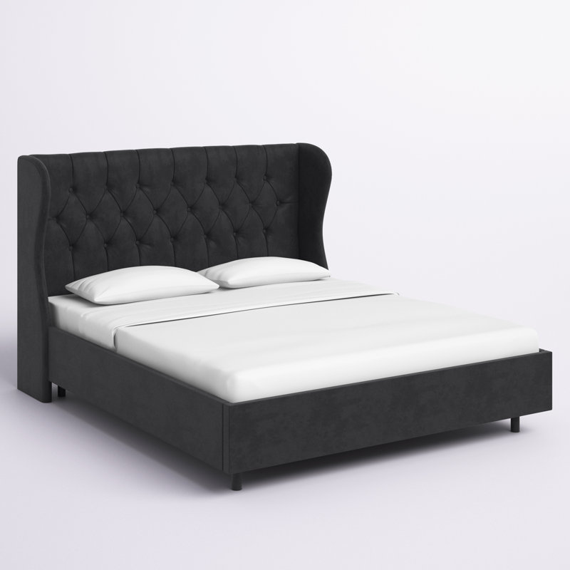 Lit plateforme tapissier Azariah, Grand, Velours performance noir classique