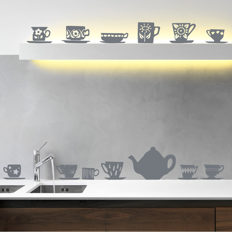Décalcomanie murale tasses de thé, H 23 po x l 24 po x P 0,01 po, Gris orage