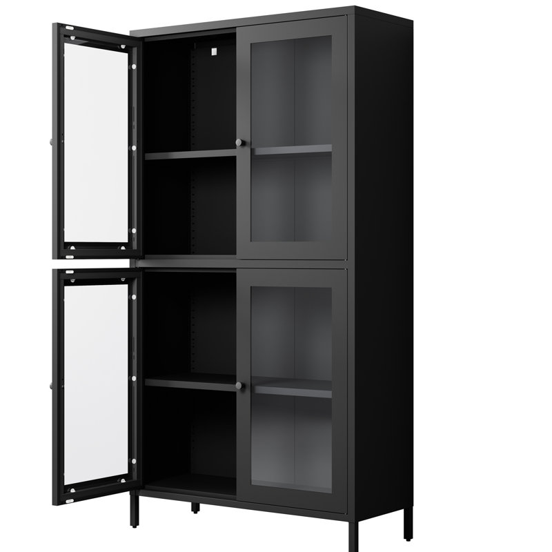 Bibliothèque autoportante en métal avec portes en verre renforcé pour cabinet d'étude classique à 4 tablettes - noir
