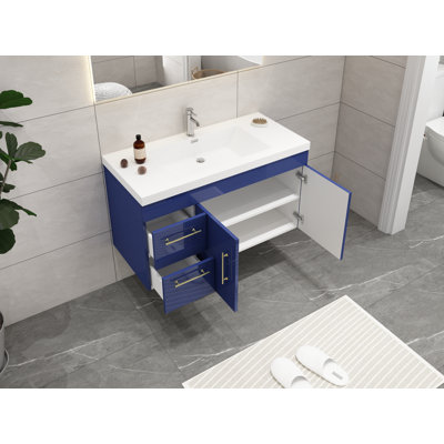 Meuble-lavabo mural gris brillant de 42 po avec lavabo en acrylique renforcé Carliss