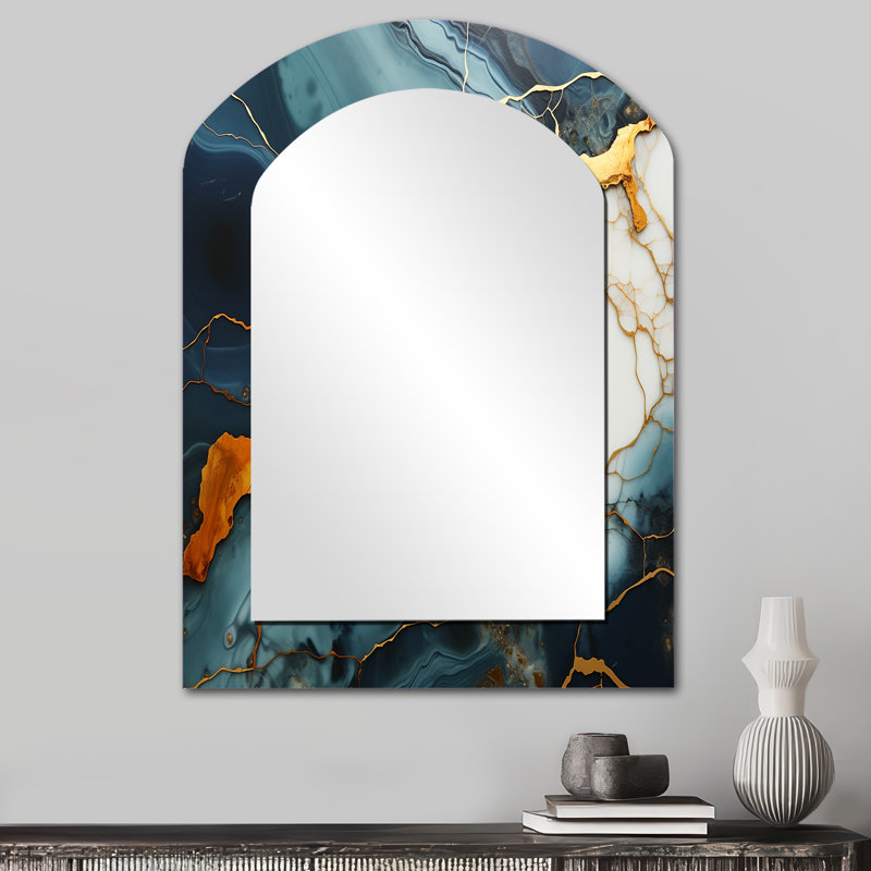 Gold and Green Serene abstract marble dream I - Marble Asymmetrical Unique Wall Mirror, Modern Arch Mirror, Printed Metal Art