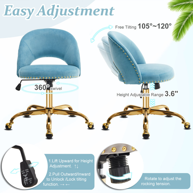 Task Chair Office Desk Chair Make Up Chair With Wheels, Velvet, Blue