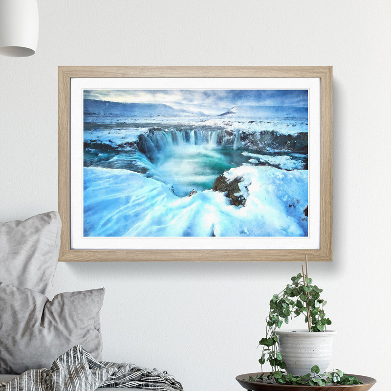 Icelandic Waterfall - Picture Frame Painting Print, 62cm H x 87cm W x 2cm D, Oak Framed