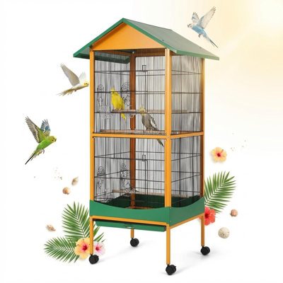Cage à oiseau, cage à oiseau très grande de 66 po de hauteur, plateau amovible, toit imperméable, roulette verrouillable facile à nettoyer, application intérieure et extérieure pour conure, ara, perruche, inséparable, perruche.