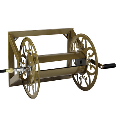 Wall-Mounted Garden Hose Reel, Accommodates 200 Feet of 5/8-inch Hose, Durable Outdoor Hose Holder with Brass Connector, Stylish Design, Bronze Coating, Ideal for Gardens and Backyards