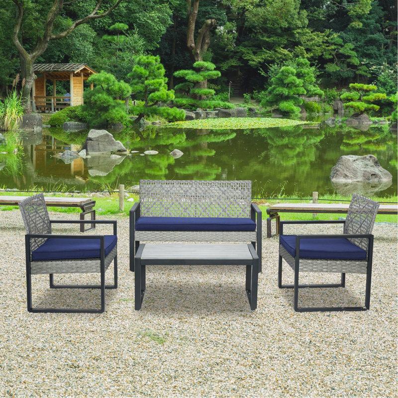 Ensemble de meubles de patio 4 pièces pour balcon, porche, jardin, jardin, cour, plateau de table en bois d'acacia gris, coussin bleu et rotin gris clair