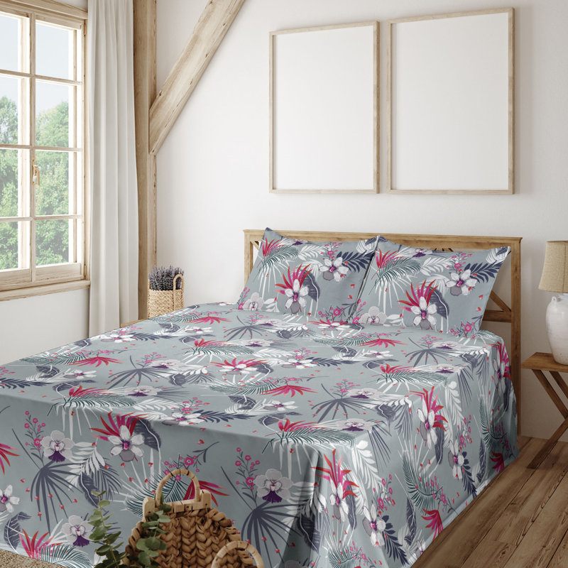 Ambesonne Watercolor Botany Sheet Set 4 Pcs Retro Boho Bloom, Queen Sheet Set with 2 Pillowcases, Dark Coral Pale Gray Floral