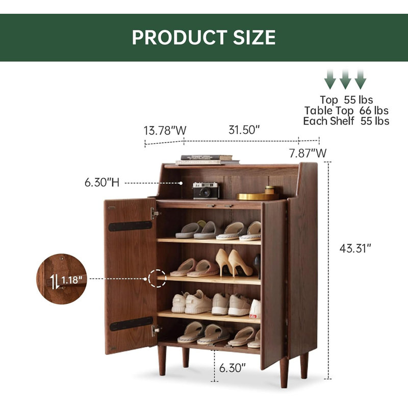 Range-chaussures à 4 niveaux en chêne massif avec tablette, Chêne brun