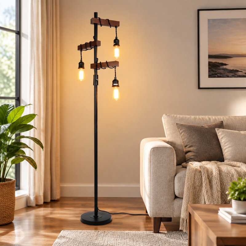 Lampadaire industriel en bois noir et naturel de 173 cm (68 po) avec trois lumières et variateur