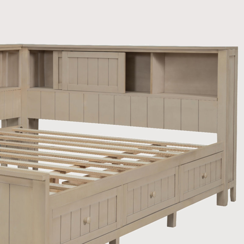 Lit de jour en bois avec tablettes de rangement et 3 tiroirs, Double