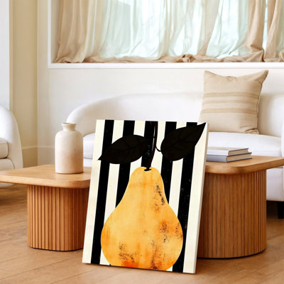 Poire, fruit, noir, blanc, fond rayé, cuisine moderne, reproduction d'art sur toile, œuvre d'art abstraite moderne pour le salon, chambre, bureau, couloir, appartement, galerie, décoration murale