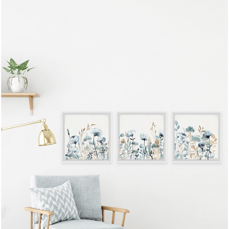 « champ de fleurs bleues » par marmont hill-ensemble de 3 reproductions d’art encadrées sur papier