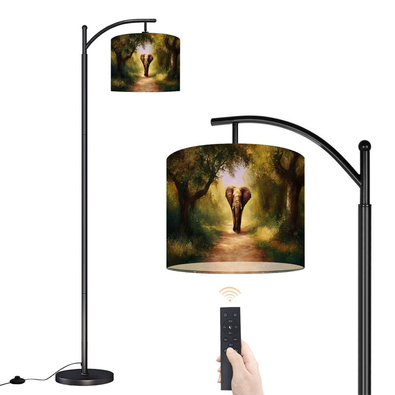 Lampe sur pied à arc avec abat-jour réglable éléphant, animal sauvage, arbre floral coloré, lampe sur pied à huile à 3 températures, intensité variable, grand mât avec interrupteur au pied pour la chambre à coucher