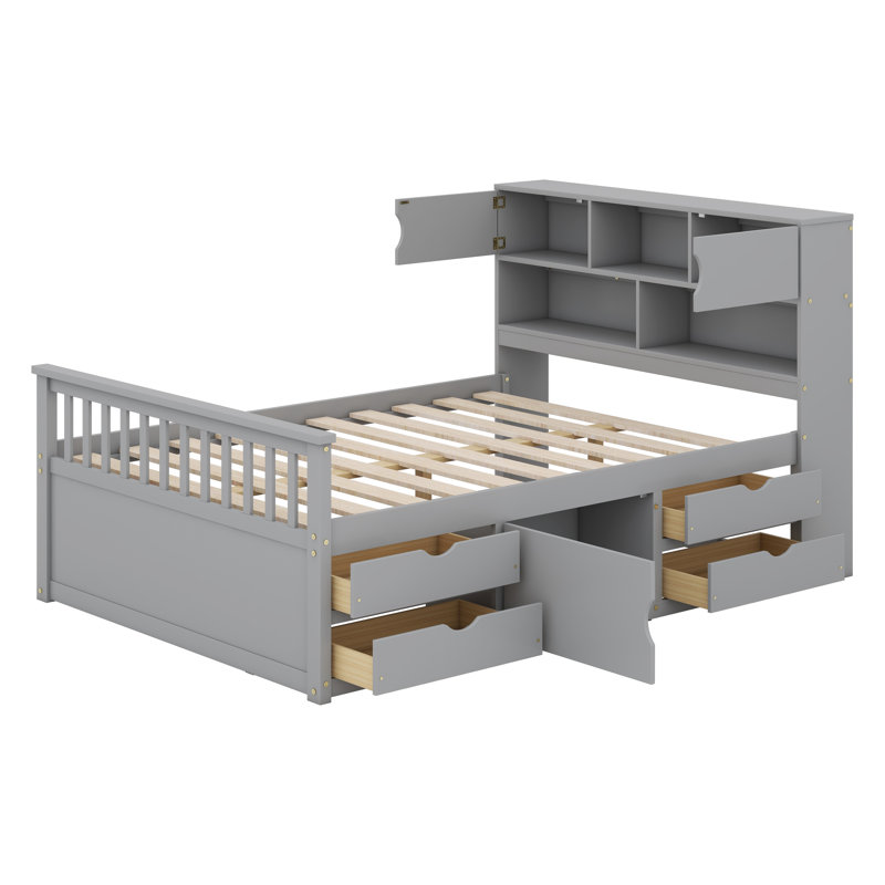 Structure de lit plateforme avec bibliothèques et tablettes de rangement, quatre tiroirs, Gris