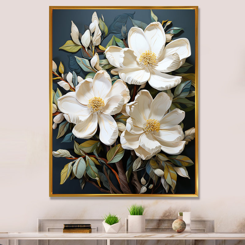 Blanc blanc jaune Magnolias - Patchwork de magnolia encadré, Cadre flottant doré, H 32 po x l 16 po x P 1 po