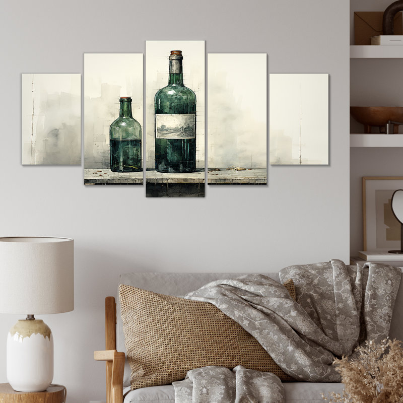 «Green Minimalist Wine Bottles Silhouette II», ensemble de décoration murale