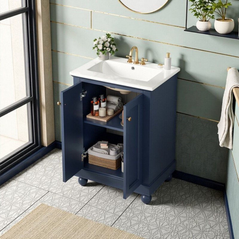 Meuble-lavabo simple 24 po avec lavabo en céramique, tablette ouverte, 2 tiroirs 24 po, Bleu