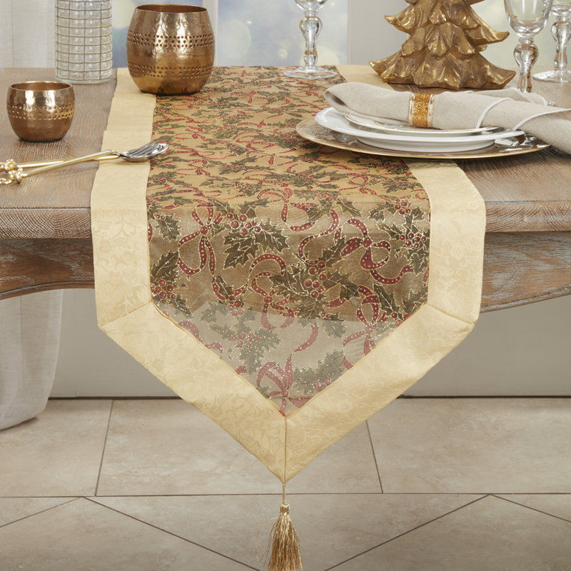 Gold Satin Border And Tassels Holly Ribbon Holiday Christmas Sheer Table Runner 16" W, 16" W x 108" L