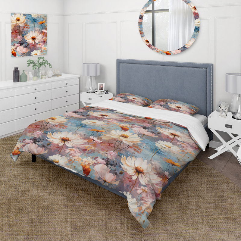 Ensemble de housse de couette à motif botanique Pink Monets Garden, Housse de couette simple + 1 taie décorative stan