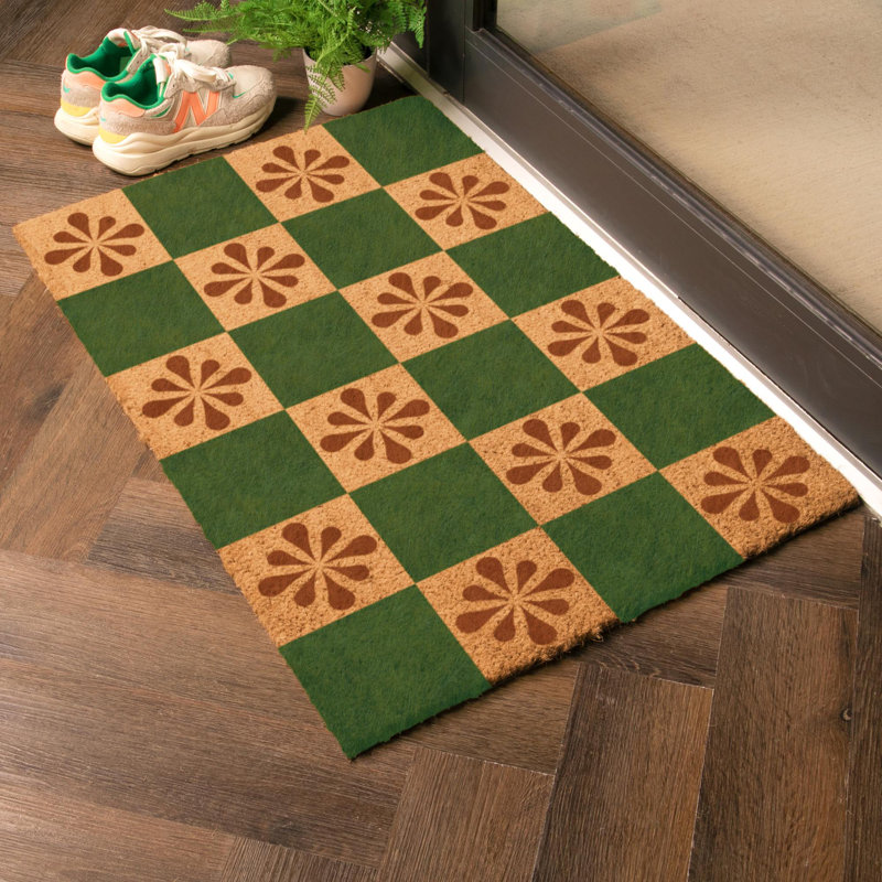 Petal Checkerboard Coir Doormat, 60cm W x 90cm L, Green/Yellow