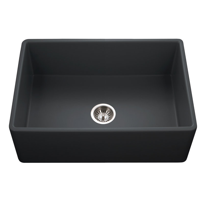 Évier de cuisine à cuve simple en argile réfractaire 30 x 20 avec grille Houzer, Noir